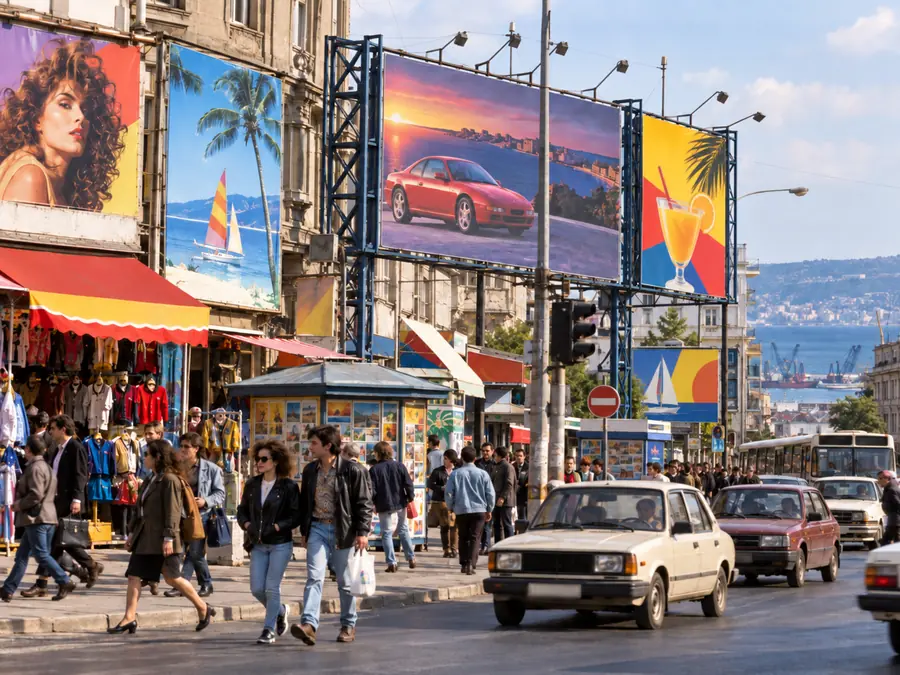 Билбордове и сергии на оживена улица от 90-те